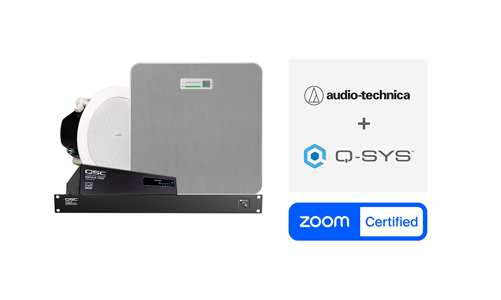 El array de techo ATND1061DAN de Audio-Technica en combinación con el sistema Q-SYS obtiene la certificación Zoom Rooms