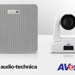 El array de micrófonos de techo ATND1061DAN de Audio-Technica se integra con las cámaras PTZ de AVer para videoconferencias avanzadas