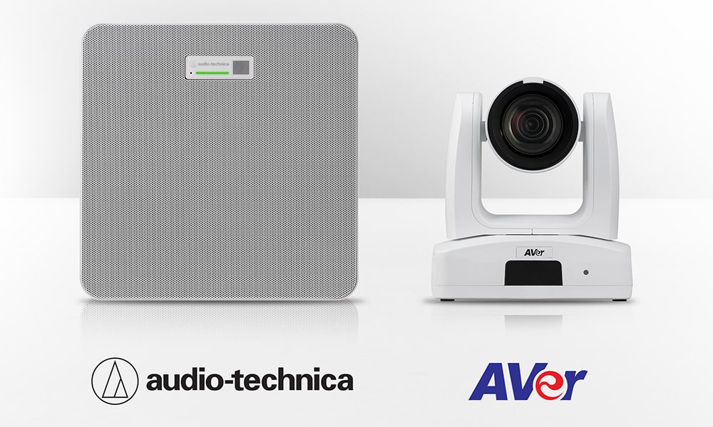 El array de micrófonos de techo ATND1061DAN de Audio-Technica se integra con las cámaras PTZ de AVer para videoconferencias avanzadas